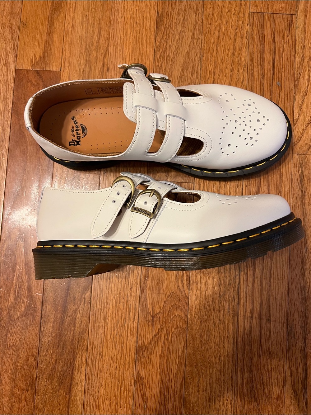 Dr. Martens White Double-Strap Mary Jane Shoes with Yellow Stitching sz8